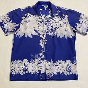 Vintage Hilo Hattie Mens Hawaiian Shirt Blue White Hibiscus Floral Design Sz L?
